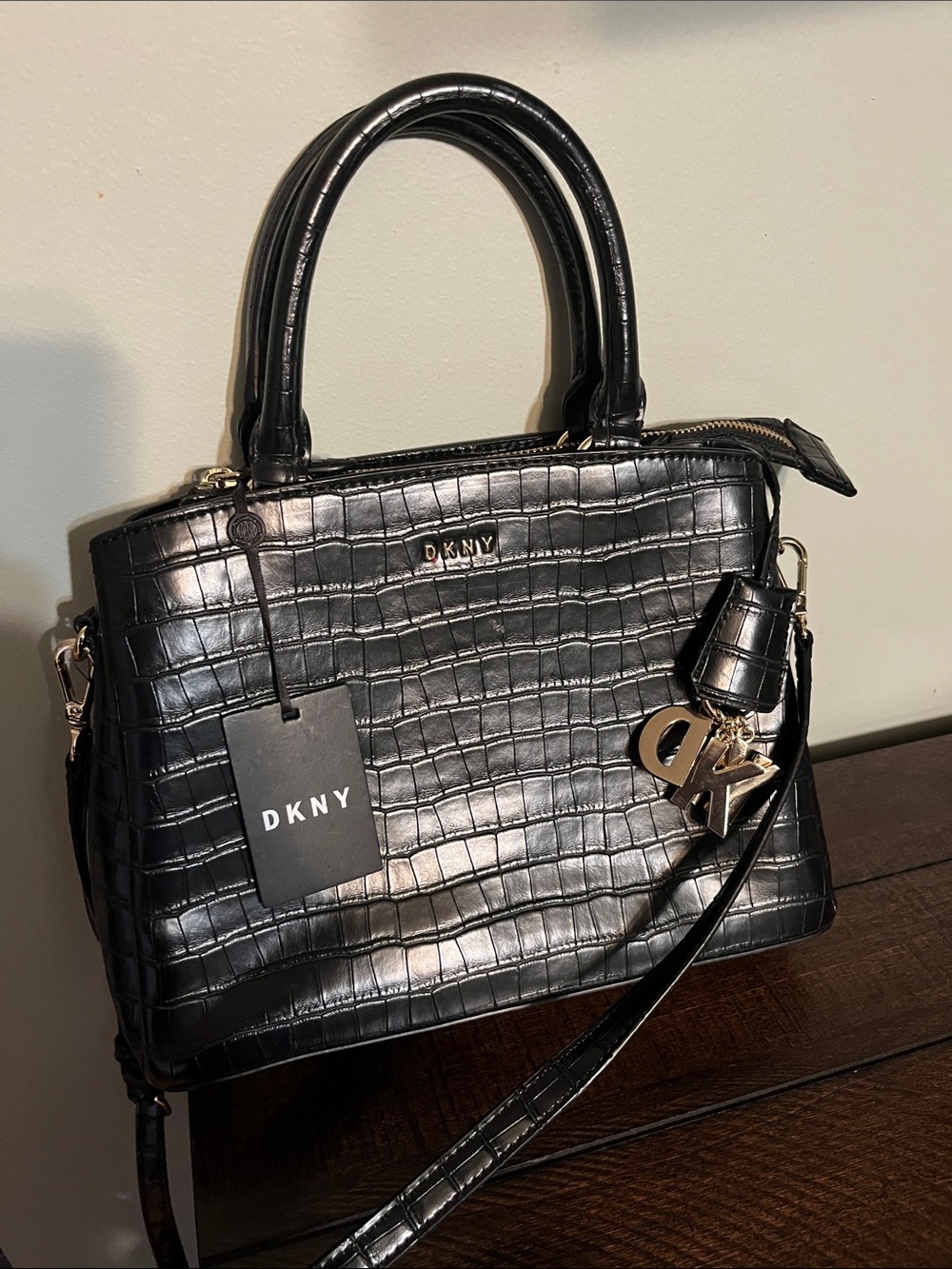 DKNY Black Croc-Embossed Satchel with Logo Charm